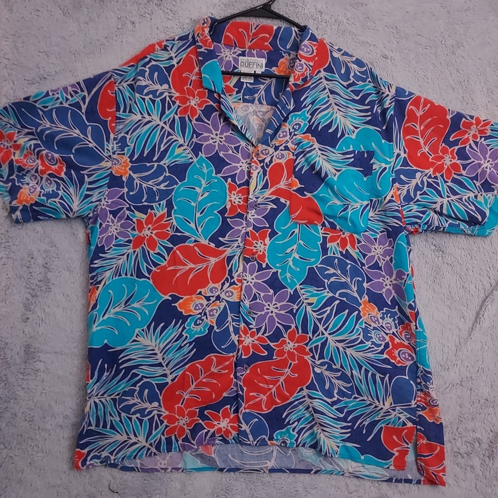 Vintage Gianfranco Ruffini Shirt Men Large Linen Blend Hawaiian Camp Loop Collar